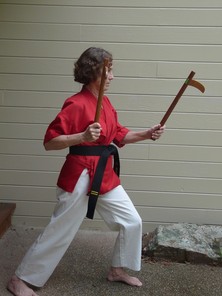 Author Sue Star practicing with her kamas